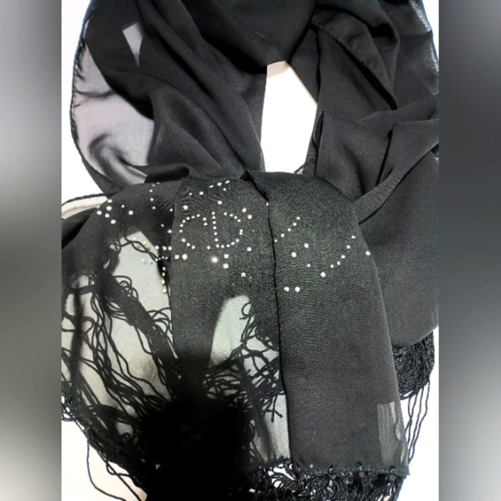 CD Rhinestone Sheer Black Fringe Scarf Unique Stylish Fancy - Picture 11 of 13